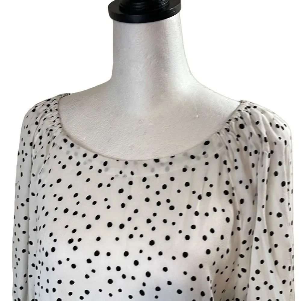 Loft Women's Polka Dots Blouse‎ Balloon Half Sleeve Top Rayon White Petite MP